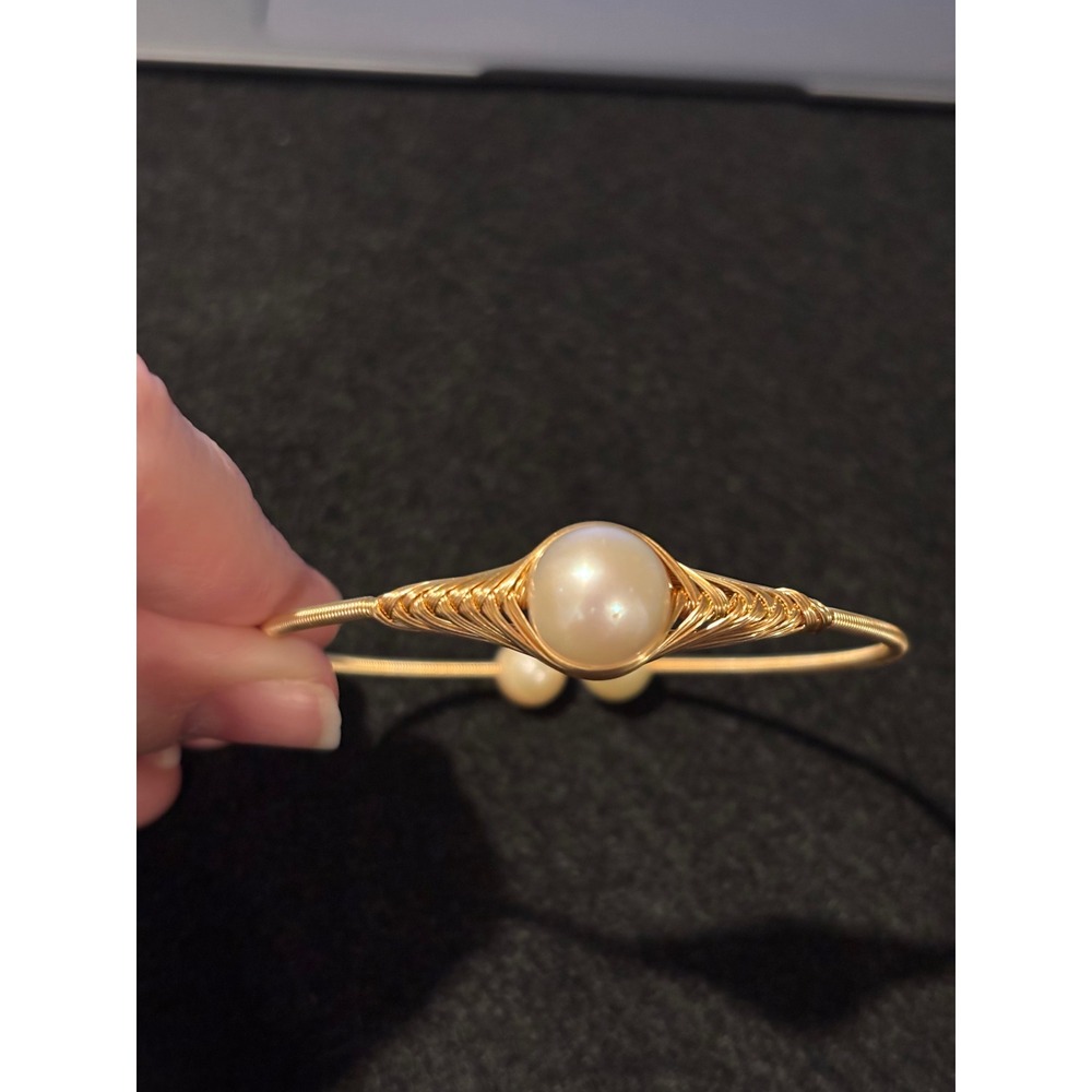 Handmade Gold Wire Wrapped Pearl Cuff Bracelet Open Bangle Cream Pearl Accent